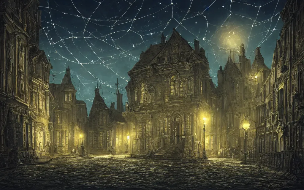 Image similar to An (18th century) (lovecraftian) gothic city at night with a star filled sky. (Greasy) blue luminescent cables are emerging from cracks on the ground. Highly detailed, digital art, smooth, sharp focus, illustration, octane render, vivid colors, concept art, low angle shot, super wide shot, ((fish eye)), 4k.