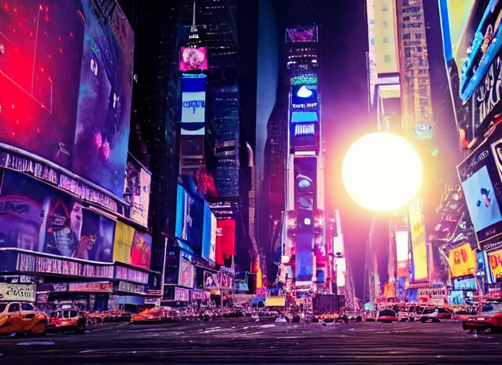 Image similar to film still of the moon shattering into pieces exploding moon over time square in the new sci - fi movie, 8 k, night time