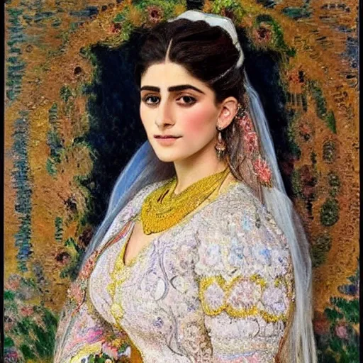 Image similar to full body portrait of a beautiful Kurdish bride wearing a beautiful wedding dress, very detailed eyes, hyperrealistic, beautiful and symmetrical face, very detailed painting by Claude Monet and Alphonse Mucha, ornate, trending on artstation, extremely high detail, incredibly intricate, claude monet