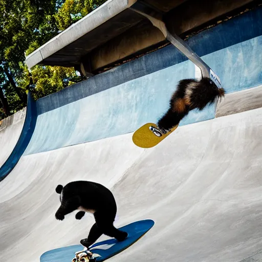 Prompt: a very cool panda bear on a skateboard doing a kickflip in the skatepark. realistic photography, sport photography, sunny day, x - games