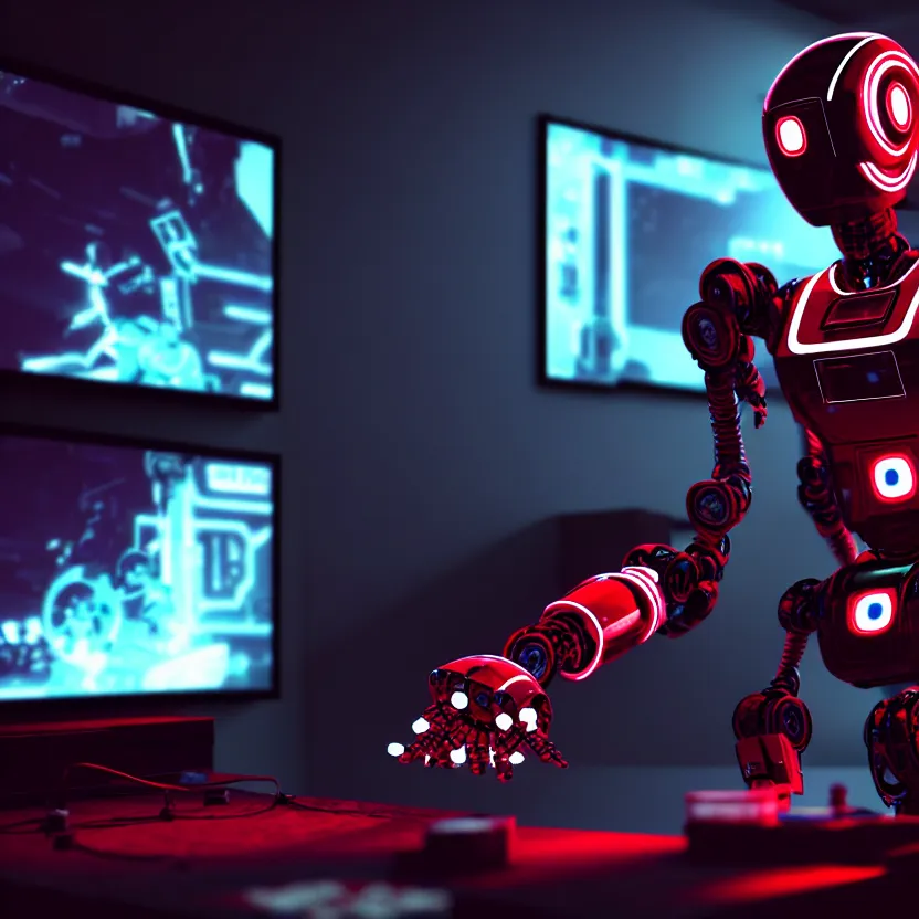 Image similar to a film still of a robot playing video games, cool, red, photo, realistic, hd, intricate details, cyberpunk, dark, horror, award - winning cinematic lighting, beautiful, 1 6 k