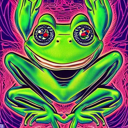 Image similar to Alex Jones turning thousands of frogs gay. Super resolution. Award winning illustration art in the style of Alex Grey