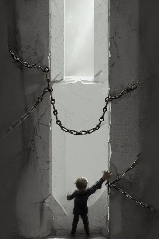 Image similar to giant crack on the white concrete wall, child eyes watching from inside the crack sigjt reaching towards camera. gloomy, intricate, elegant, highly detailed, digital painting, artstation, concept art, addiction, chains, smooth, sharp focus, illustration, art by ilja repin