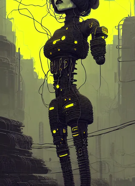 Image similar to highly detailed portrait of wasteland punk long curly bright yellow and white plasma electricity hair tribal lady, stray electric spark wiring by atey ghailan, james gilleard, by joe fenton, by greg rutkowski, by greg tocchini, by kaethe butcher, 4 k resolution, gradient yellow, black and white color scheme!!! ( ( lightning cloudy robotic dystopian city background ) )