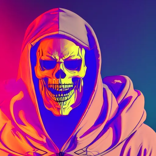 Prompt: skeletor in hoodie, portrait, vaporwave, synthwave, neon, vector graphics, cinematic, volumetric lighting, f 8 aperture, cinematic eastman 5 3 8 4 film, photorealistic