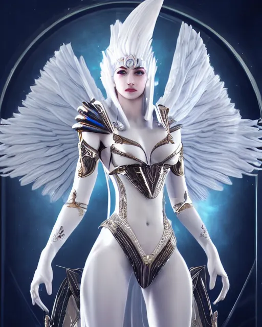 Image similar to perfect ornate white haired attractive egyptian goddess with huge white dove wings, warframe armor, beautiful, symmetric, dreamy, half asian, pretty face, blue eyes, detailed, scifi platform, laboratory, experiment, 4 k, ultra realistic, epic lighting, android body, illuminated, cinematic, masterpiece, art by akihito tsukushi, voidstar