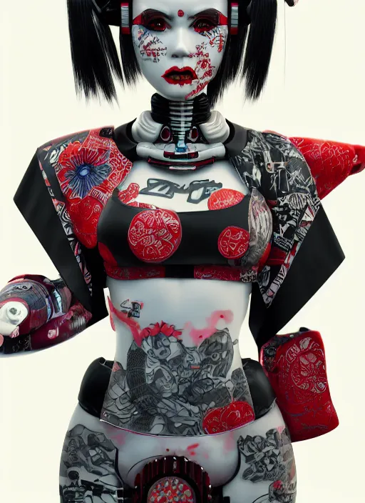 Prompt: full body portrait of a punk geisha robot with kanji tattoos and decals wearing a digital pixelated kimono, intricate design, photo - realistic, octane render, dark colour palette, ultra fine detailed, character design, trending on artstation