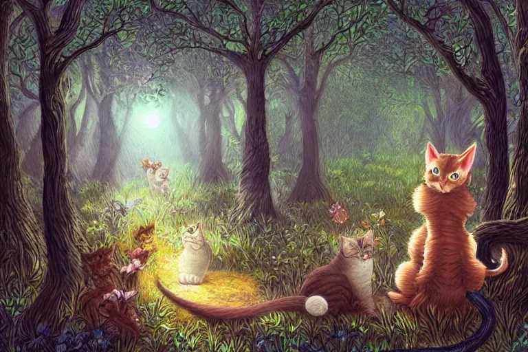 Prompt: a cat in a forest, highly detailed, digital art, trending on artstation, backlighting, by kawacy, by wayne mclouglin, by don bluth, by ken sugimori, by louis wain, fan art