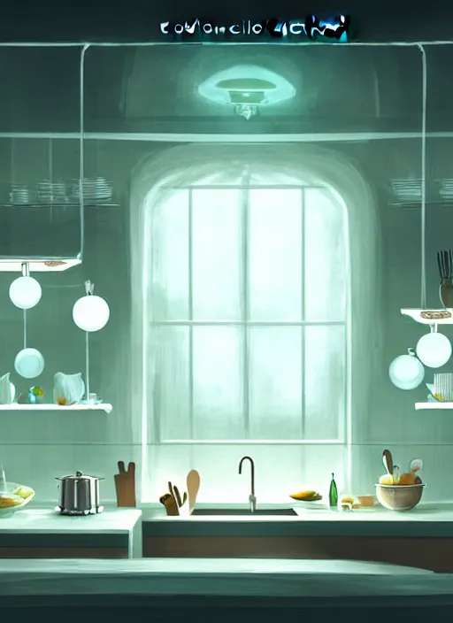 Image similar to high depth, collective civilization kitchen, calm, healing, resting, life, hybrids, scifi, soft white glowing lights, published concept art, art in the style of all and none and everything and infinity, clowdy day