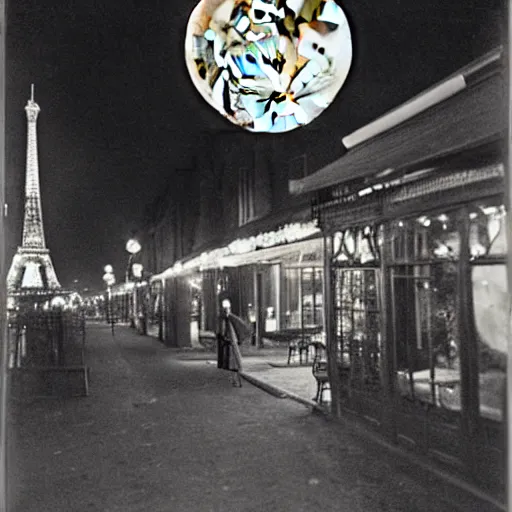 Image similar to An edwardian woman sitting outside a cafe in paris at night, the moon is in the sky, the eiffel tower is visible in the background