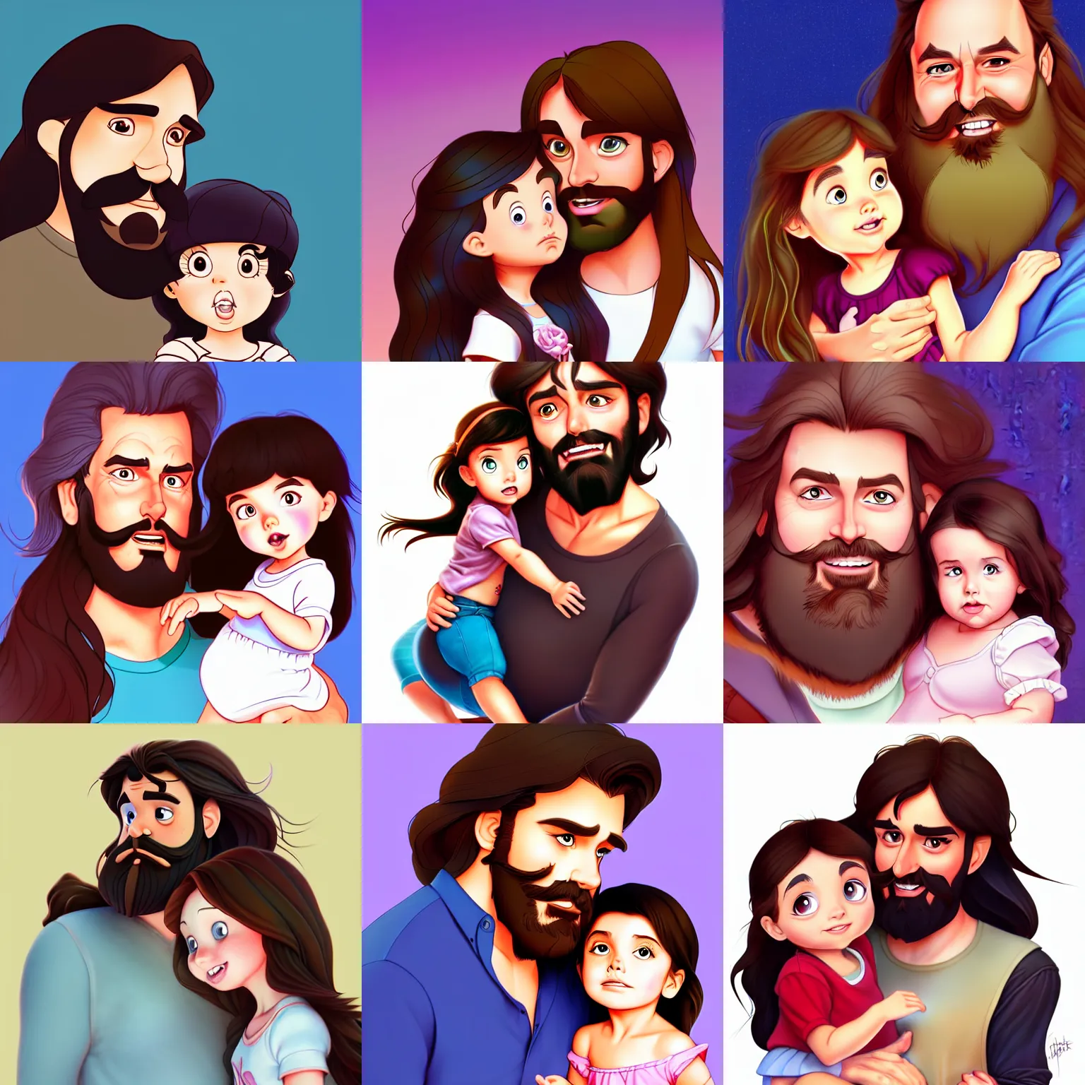 Prompt: a long - haired bearded father and his brunette child toddler girl full color digital illustration in the style of don bluth, artgerm, artstation trending, 4 k
