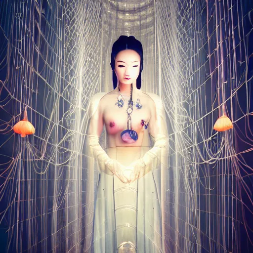 Prompt: photo shoot pose photo of beautiful Chinese ancient princess standing in the corridor in the space ship, symmetrical face, big eyes and lips, looking down, subtle makeup, clean face and body skin,ecstatic expression, ornamental jewelry and ancient translucent clothes, futuristic space ship interrior, wires with lights,depth of field, lens flares, dust in the air, moody lighting, moody photography, old photo, black and white, sepia, cinematic lighting, cinematic angle, editorial photography