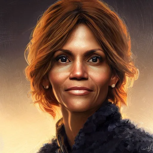 Image similar to portrait of maci holloway, first woman elected as president in usa, cold but beautiful, about 3 5 years old, highly detailed, mix of halle berry and julia roberts, artstation hd, deviantart, by artgem, greg rutkowski