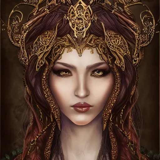 Prompt: A beautiful detailed portrait of a young beautiful female fantasy sorceress with fair skin and long dark brown hair dressed in ornate magical clothing by Kirbi Fagan, trending on artstation