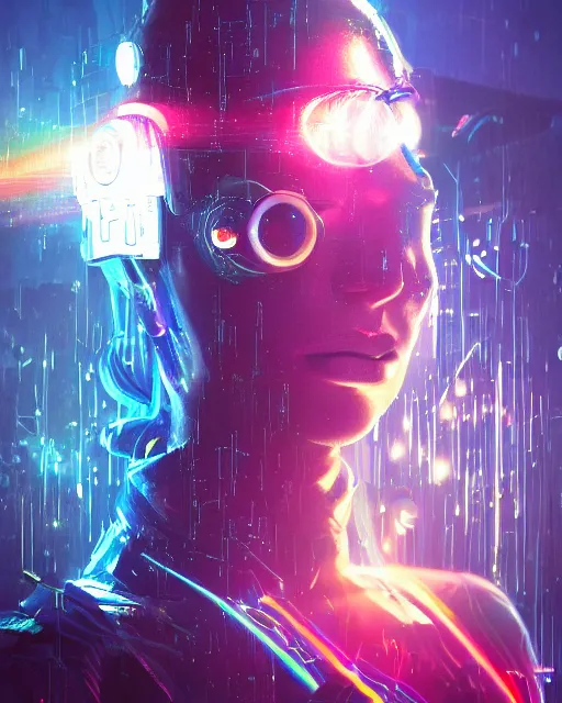 Image similar to a cyberpunk close up portrait of enchanting cyborg athena, electricity, rainbow, sparks, bokeh, soft focus, sparkling, glisten, water drops, cold, dark, geometric, temples behind her, by paul lehr, jesper ejsing