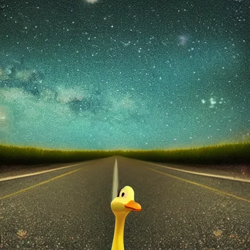 Prompt: a lonely duck walking on the road and looking up at the sky, milky way, starry sky, art station trend