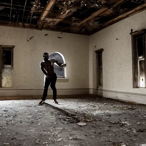 Image similar to kanye west dancing in an abandoned mansion, ominous lighting, realistic, elegant, beautiful, 4 k, sad.