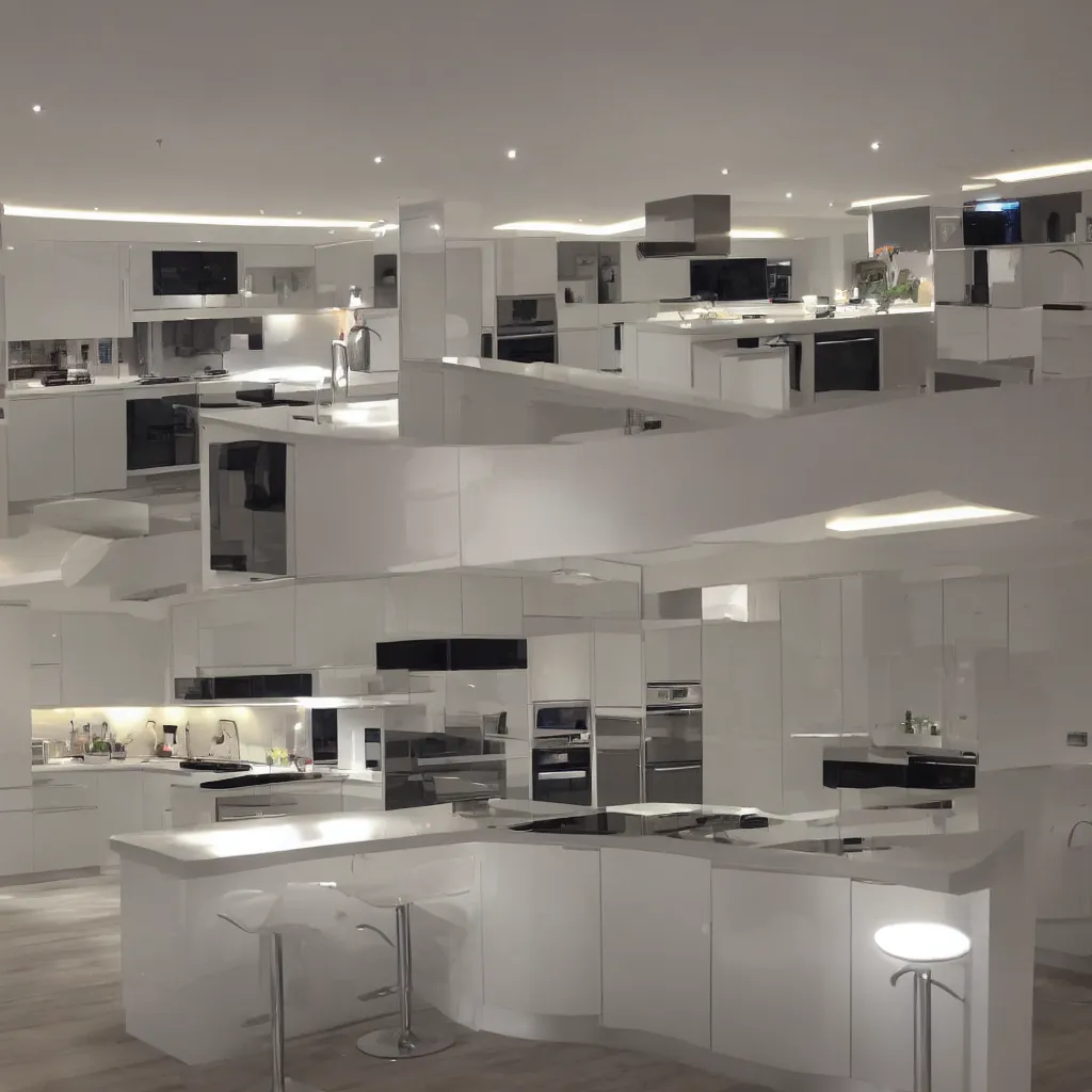 Image similar to modern kitchen with led strip lighting, homes and gardens, super detailed render, award winning,