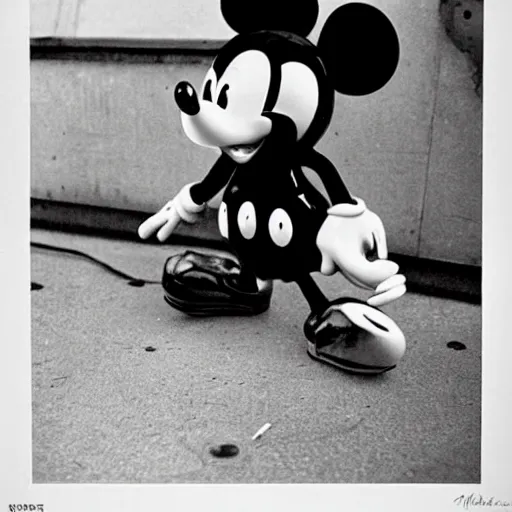 Image similar to hyper realistic picture of Mickey Mouse drunk and broke in Tokyo Robert robert doisneau black and white