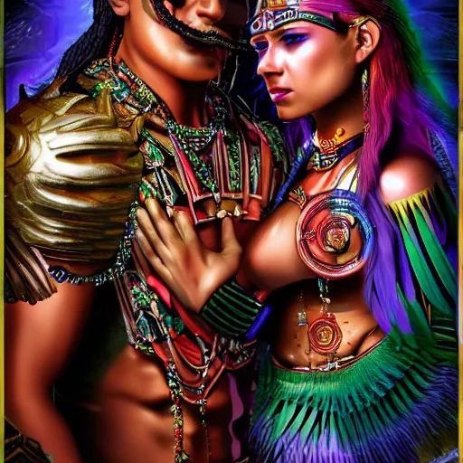 Prompt: the marriage between a aztec god and a modern goddess in the style of high urban fantasy Hyper detailed Hyper Photorealistic High Resolution HD 8k post-processing