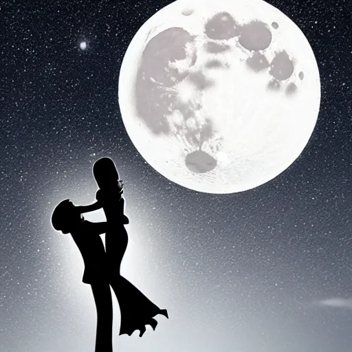 Image similar to the background is a huge moon. in the night environment, a man jumps into the air with a woman in his arms. in the middle of the moon are two figures in black silhouettes.