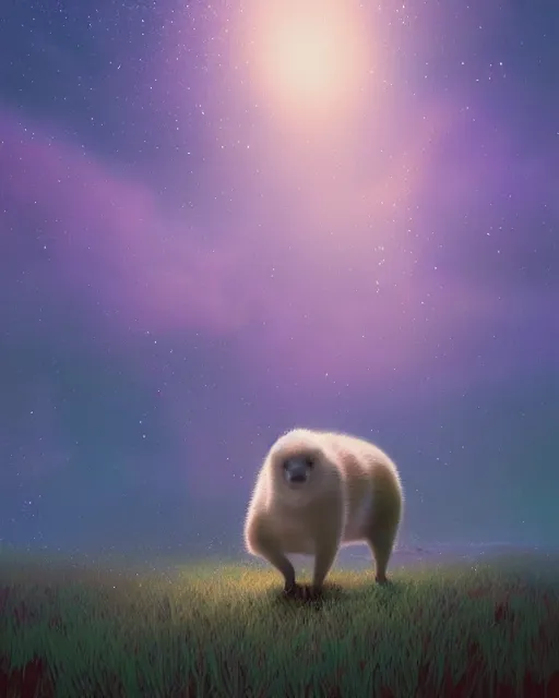 Image similar to white capybara under a sky full of stars, surreal photography, volumetric light, impressionist painting, digital painting, artstation, kilian eng, john harris, bastien lecouffe - deharme, simon stalenhag