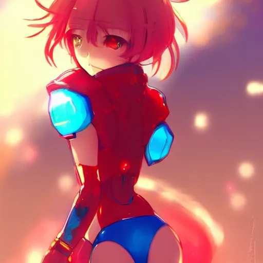 Prompt: digital anime art, very small cute girl on a large table, red mech arms and red mech legs, blue watery eyes!!!, short gold hair!!!, red bikini, full body!!!, wlop, rossdraws