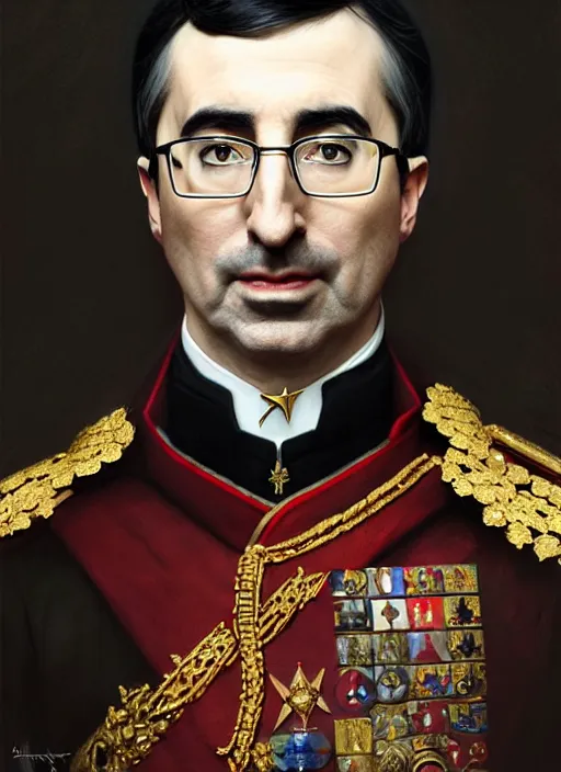 Image similar to portrait of supreme leader john oliver, royalty, extravagant, lord, full body, military uniform, fantasy, intricate, elegant, beautiful, highly detailed, charcoal, centered, dark, smokey, digital painting, artstation, concept art, art by artgerm and greg rutkowski and alphonse mucha