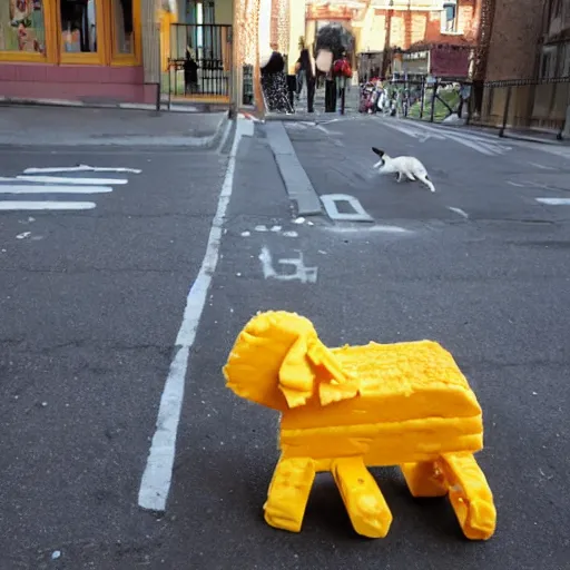 Image similar to boy made of cheese walks a dog made of cheese on a street made of cheese