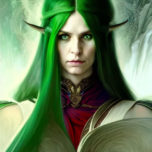 Prompt: Portrait of serious female elven priest, D&D, green eyes, face, long red hair, demon wings, fantasy, intricate, elegant, highly detailed, digital painting, artstation, concept art, smooth, sharp focus, illustration, art by artgerm and greg rutkowski and alphonse mucha