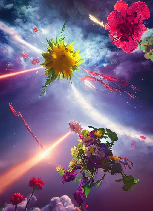 Image similar to An epic fantastic realism comic book style painting of the most beautiful flowers launched into space, bouquets hurdling toward the nearest star, fisheye lens, unreal 5, DAZ, hyperrealistic, octane render, dynamic lighting