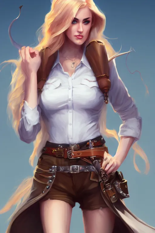 Image similar to full body, katherine mcnamara cowgirl, perfect face, white blouse, holster, 8 k, magic the gathering, desert, d & d, artstation, high detail, smooth, sweaty character concepts by senior concept artist