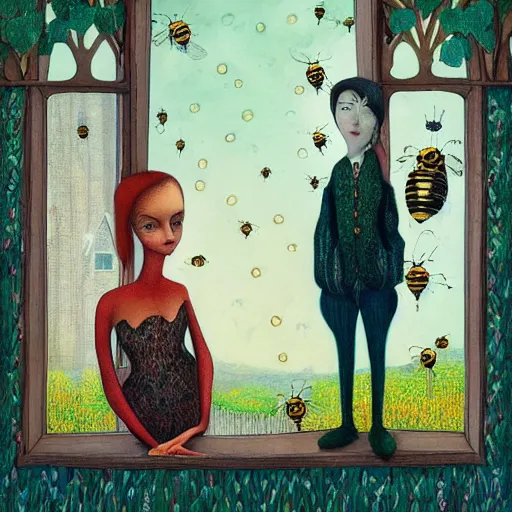 Image similar to a portrait of a woman standing infront of a window, she is happy and has lovely hair and eyes, a man is standing behind her with a look of suprise in his face, 🪴🌳🐝, 8 k, lowbrow, in the style of daniel merriam and alexander jansson,