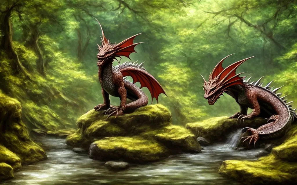 Prompt: A single dragon sitting on a rock within a woodland creek, highly detailed, trending on pixiv, realistic oil paint artwork made in 2020.