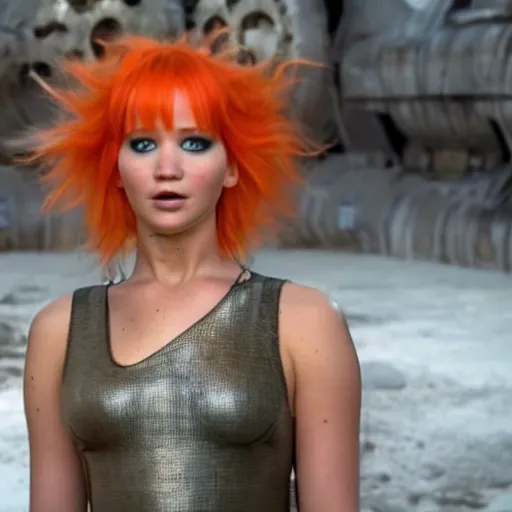 Prompt: still of Jennifer Lawrence as orange-haired Leelu in a remake of The Fifth Element (2029)