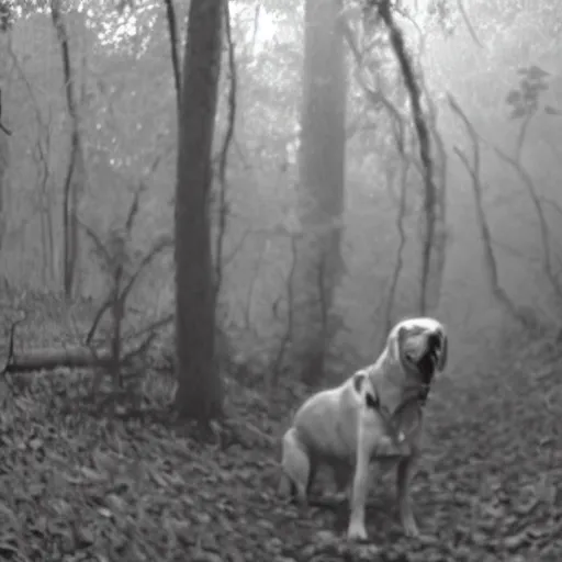 Prompt: yellow dog man scary monster pointy rusty trailcam footage, liminal, black and white, uncanny valley, foggy, creepypasta, scary nightmare fuel