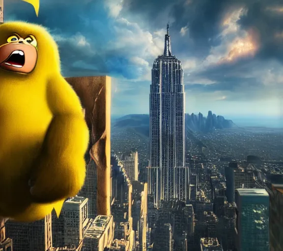 Image similar to epic fantasy comic book style portrait painting of a giant angry pikachu as king kong climbing the empire state building, by mark ryden and pixar and hayao miyazaki, unreal 5, daz, hyperrealistic, octane render, cosplay, rpg portrait, dynamic lighting, intricate detail, cinematic