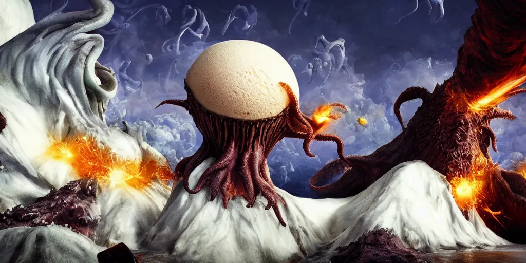 Image similar to dystopian fantasy closeup of vanilla ice cream come in the foreground being eaten by Cthulhu as exploding volcano is hit by meteor in the background, by Philipp A. Urlich and H. R. Geiger and H. P. Lovecraft, fantasy, intricate, elegant, highly detailed, digital painting, artstation, blender, unreal engine 5, octane render, smooth, sharp focus, illustration