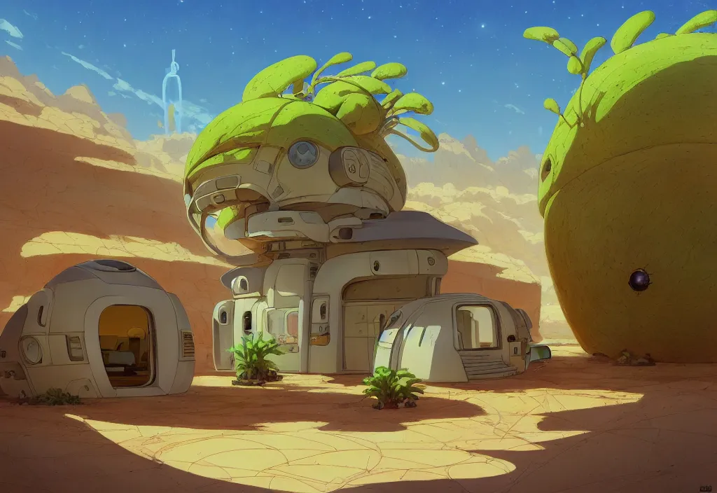 Prompt: a small futuristic chubby house in the desert and an alien plant on the left in the foreground, intricate oil painting, high detail illustration, sharp high detail, manga and anime 1 9 9 9, official fanart behance hd artstation by jesper ejsing and makoto shinkai, 4 k,