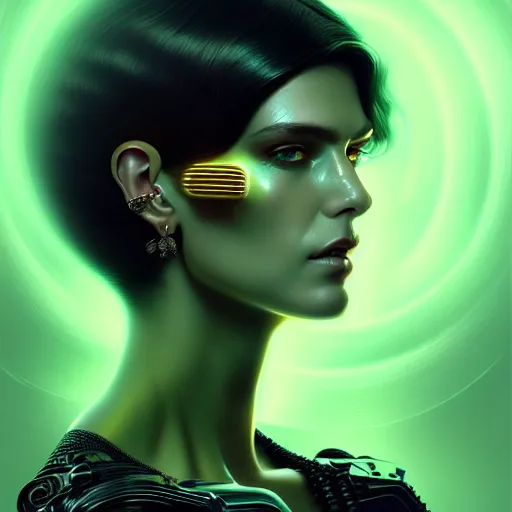 Image similar to woman with extremely large and intricate haircut with angry green eyes and slim features looking askance, eye cyberpunk bionics, retro futurist style, intricate, elegant gleaming intricate baroque jewelry, angelic halo, highly detailed, digital painting, artstation, concept art, smooth, sharp focus, illustration, art by wlop, mars ravelo and greg rutkowski,