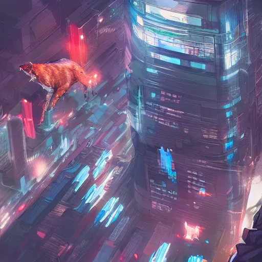 Prompt: Overhead view+ a dog leaping into a cybernetic city+title shift+detailed+digital art+artstation +concept art,by rossdraws n-4