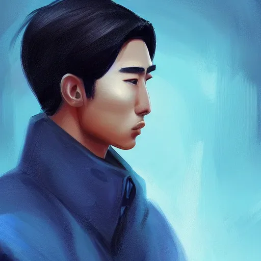 Image similar to portrait of a beautiful young Asian man with tanned skin, shoulder length wavy black hair, and a long blue coat. Beautiful digital painting, stunning art trending on artstation, dramatic lighting on black background