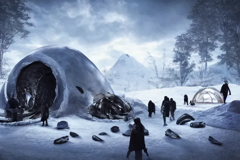 Prompt: the most amazing dream you ever had about black masai hunters at arctic near an igloo with orca carcass, hyper realistic, ambient lighting, concept art, intricate, hyper detailed, smooth, dynamic volumetric lighting, octane, cinematic