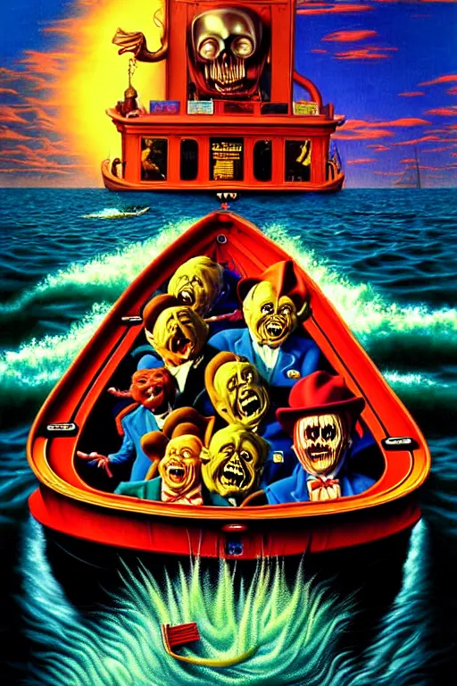 Prompt: a hyperrealistic painting of willy wonkas scary boat ride, cinematic horror by jimmy alonzo, the art of skinner, chris cunningham, lisa frank, richard corben, highly detailed, vivid color,