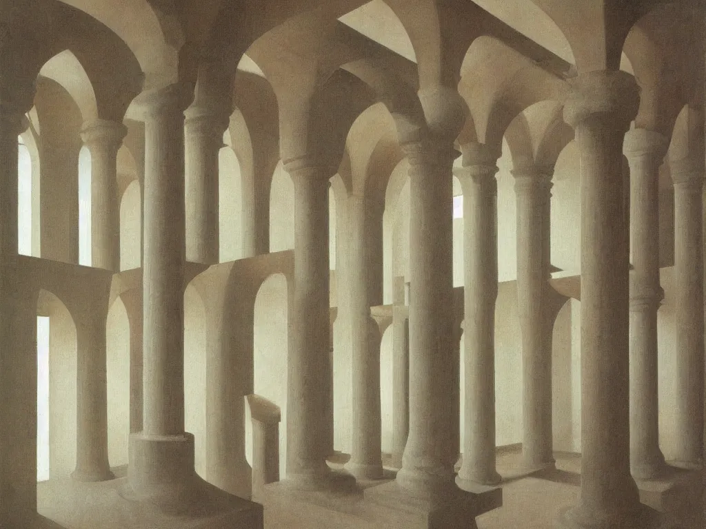 Prompt: Interior of a infinite temple with strange stairs, marbled columns, arches, Brancusi sculptures. Delicate pink, green colors. Afternoon light. Painting by Vilhelm Hammershoi, Escher, Morandi