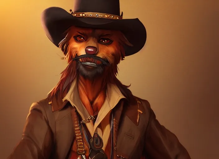 Image similar to character portrait feature of the anthro male anthropomorphic fursona wearing cowboy outfit wild west desperado character design stylized by charlie bowater, ross tran, artgerm, makoto shinkai, detailed, soft lighting, rendered in octane