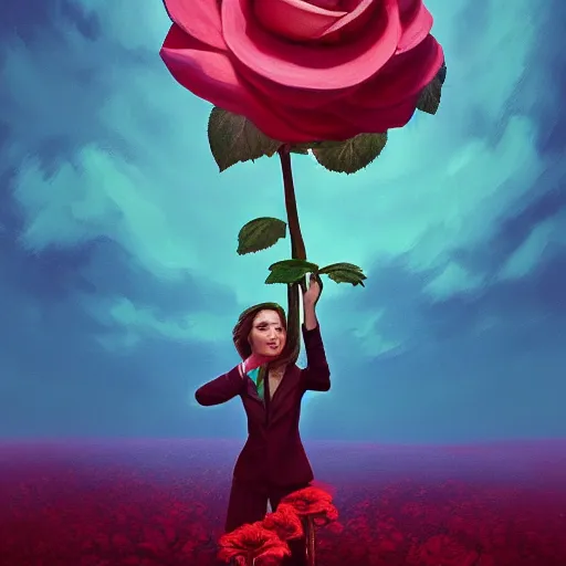 Image similar to portrait, giant rose flower head, girl dancing in a suit, surreal photography, sunrise, blue sky, dramatic light, impressionist painting, digital painting, artstation, simon stalenhag