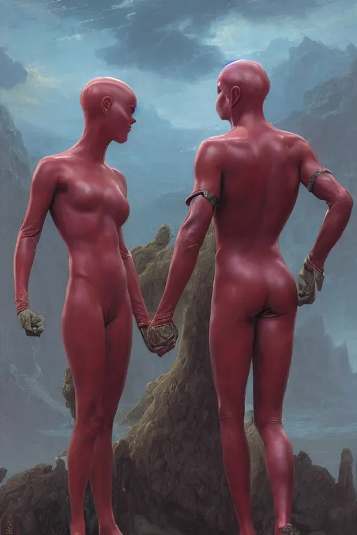 Prompt: young male and female, wearing latex, holding each other hands, by thomas cole and wayne barlowe, bodyshape by kyu yong eom, 8 k, high detail, fantasy art, dnd, artstation,