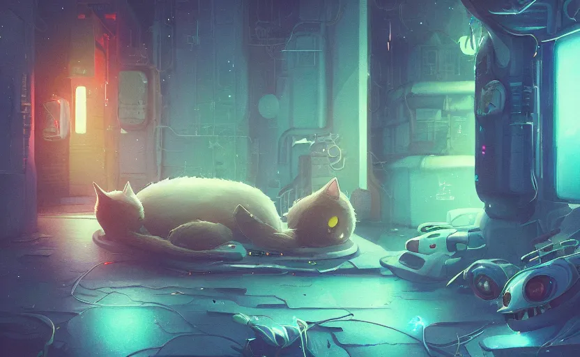 Image similar to an alien cat sleeping in a alleyway in a space opera utopian studio ghibli animated film, global illumination, beautiful composition, volumetric lighting, octane render by artgerm, loish, alena aenami, highly detailed