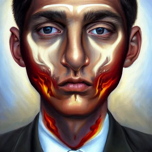 Image similar to a hyper realistic painting of a calm young man in a burning business suit, his clothes are burning, full body painting, long shot, coherent symmetrical eyes, by jeffrey smith, by andrea kowch, by steve henderson, masterpiece, trending on artstation,